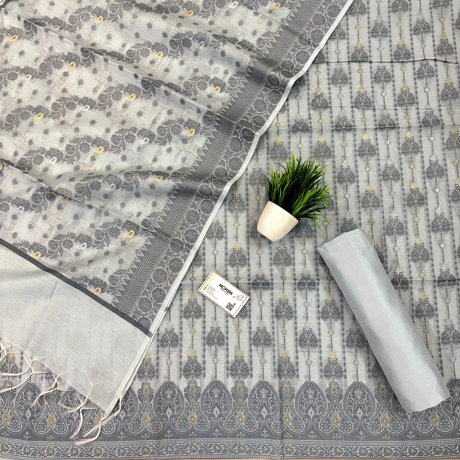 Grey Resham Zari Banarasi Silk Suit