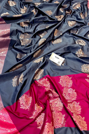 Grey and Pink Golden Zari Banarasi Silk Saree