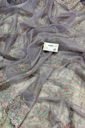 Lavender Embroidery Siroski Brasso Net Saree