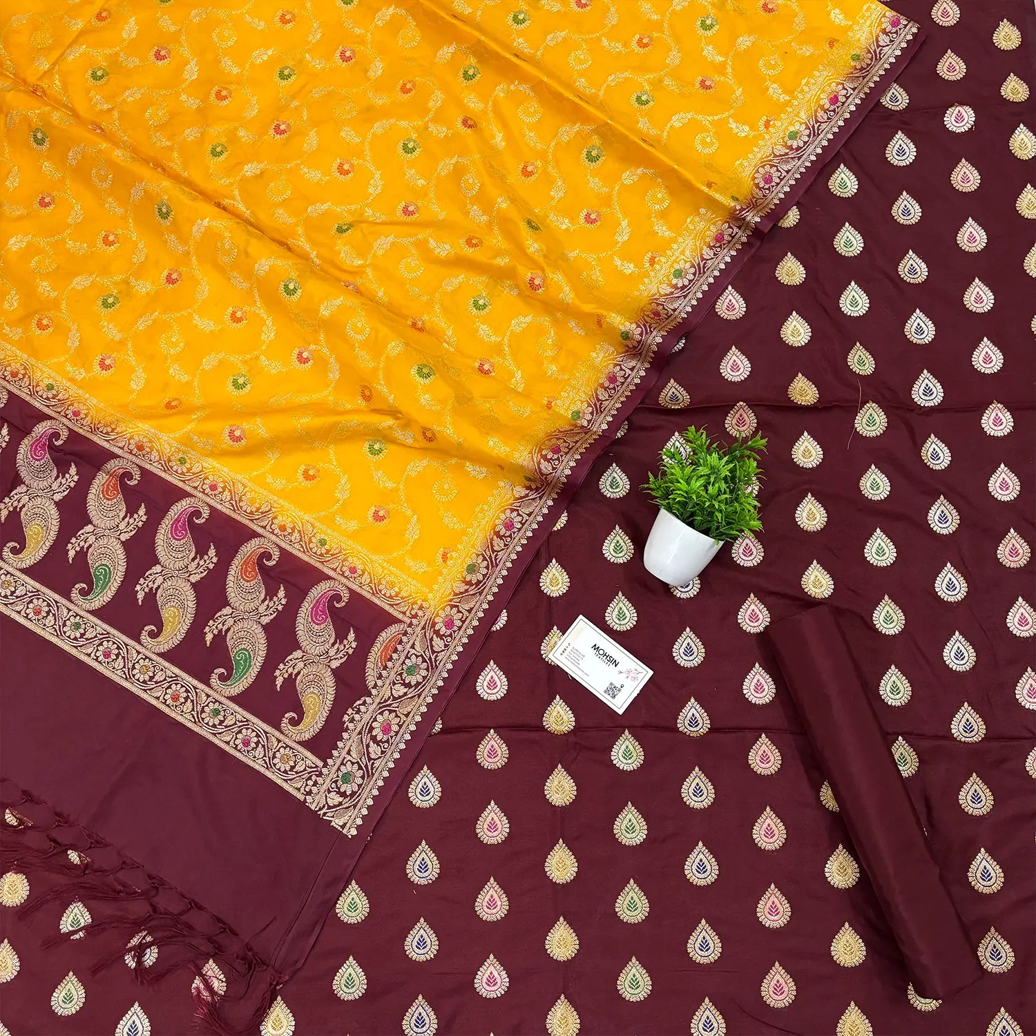 Maroon and Yellow Golden Zari Katan Silk Banarasi Suit