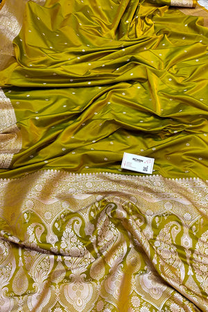 Mehendi Golden Zari Katan Silk Banarasi Saree