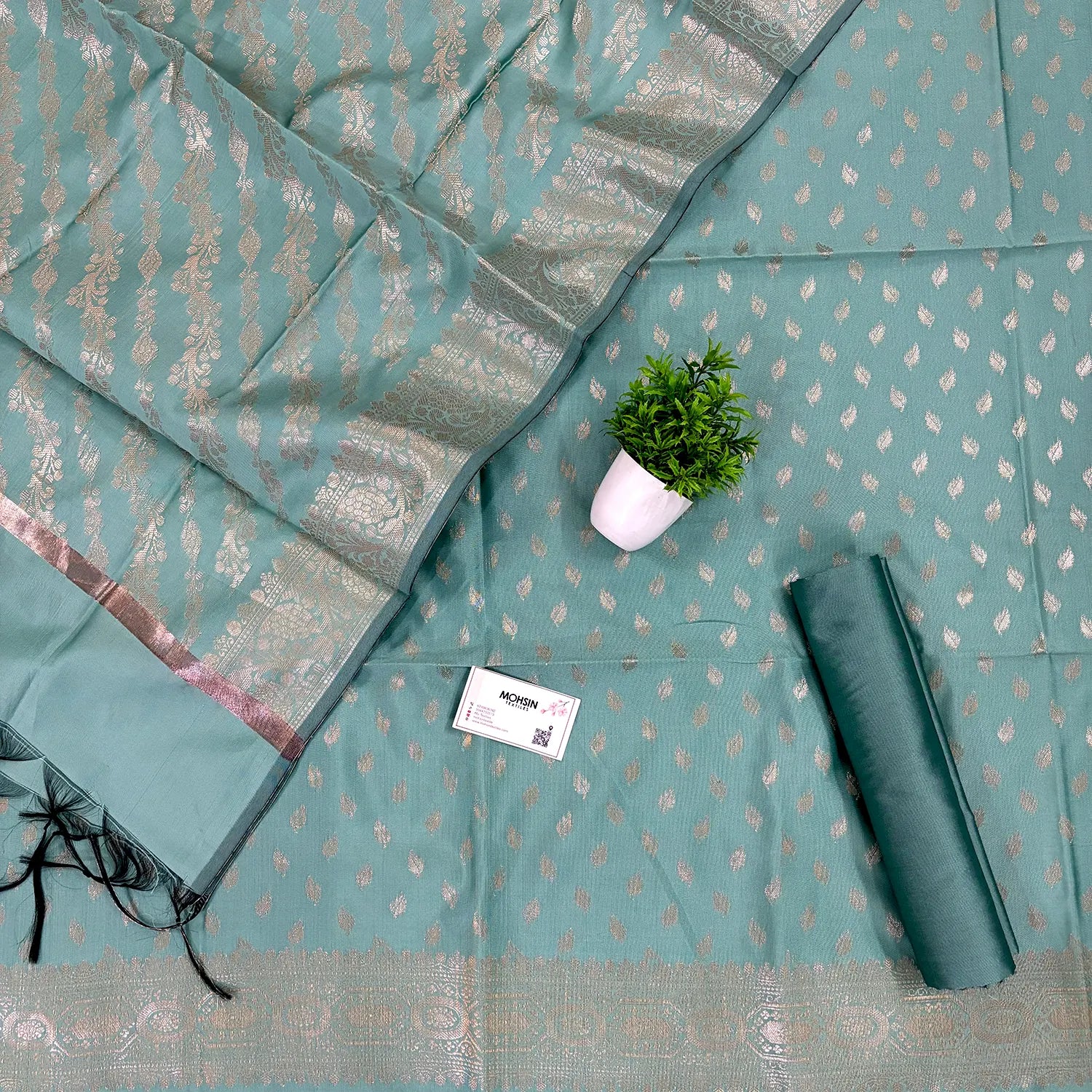 Mint Green Sunehri Pankh Satin Silk Banarasi Suit