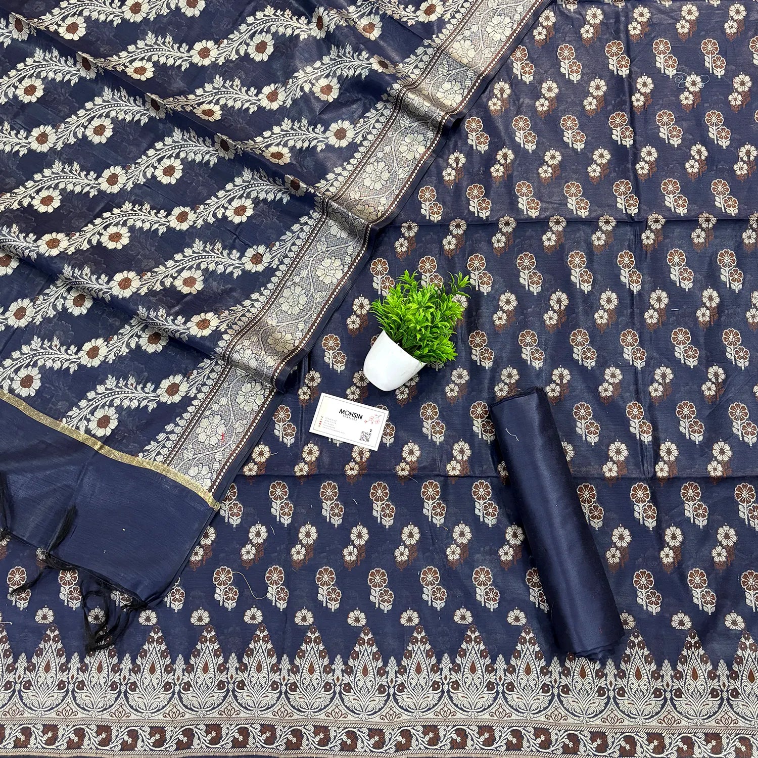 Navy Blue Fan Flower Banarasi Silk Suit
