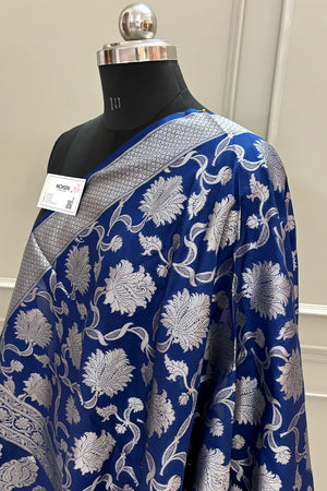 Navy Blue Golden Zari Katan Silk Banarasi Dupatta
