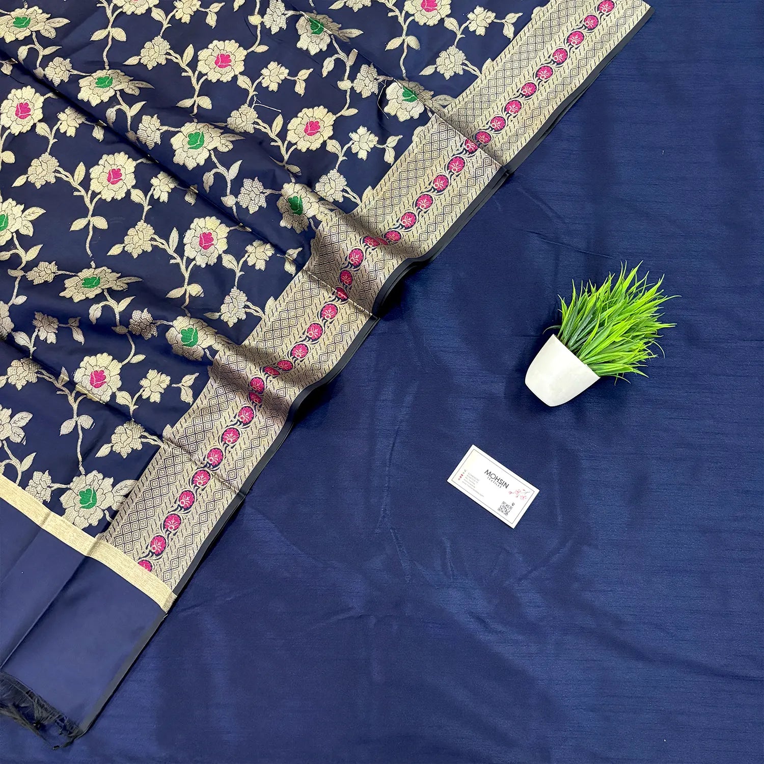 Navy Blue Plain Dupion Silk Banarasi Suit