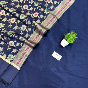 Navy Blue Plain Dupion Silk Banarasi Suit