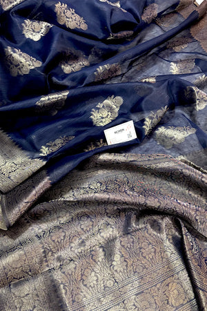 Navy Blue Resham Zari Cotton Silk Banarasi Saree