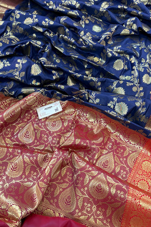 Navy Blue and Red Morpankhi Jaal Satin Silk Banarasi Saree