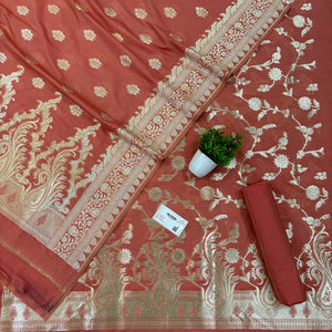 Peach Golden Zari Katan Silk Banarasi Suit