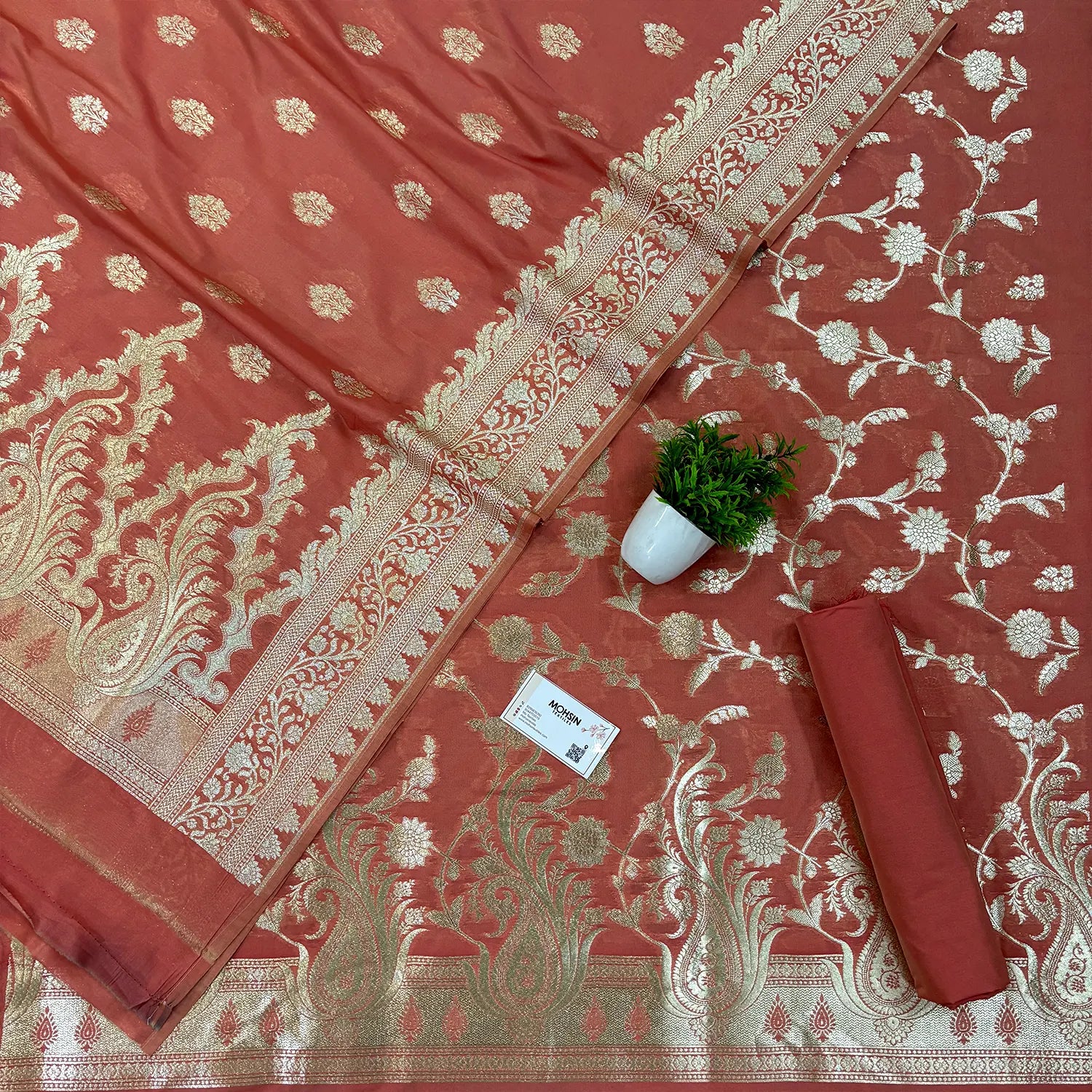 Peach Golden Zari Katan Silk Banarasi Suit
