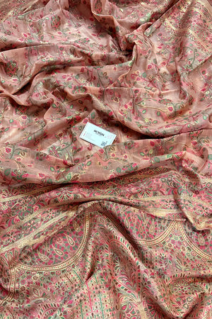 Peach Printed Linen Silk Banarasi Saree