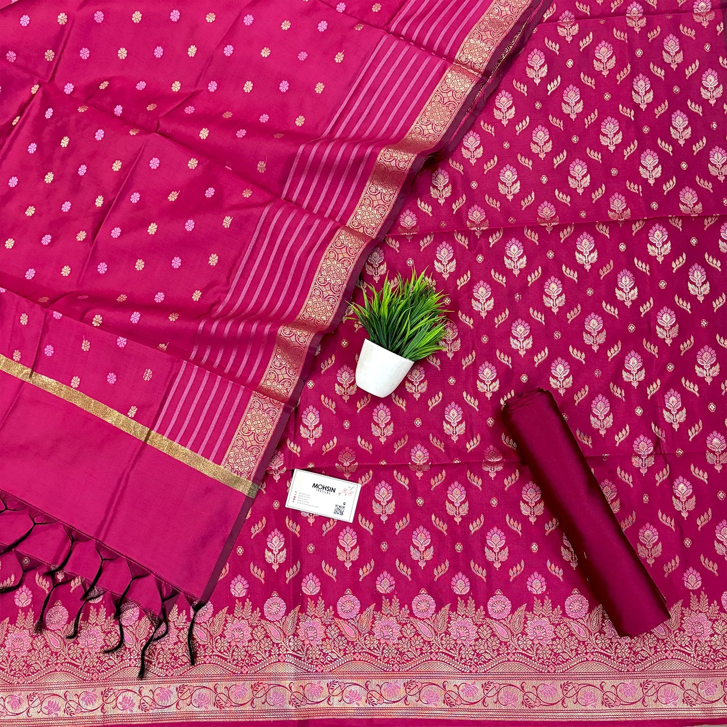 Pink Golden Zari Satin Silk Banarasi Suit