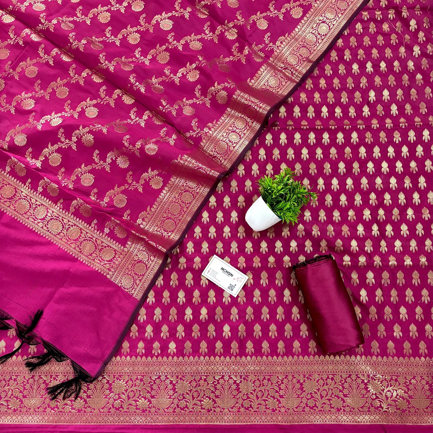 Pink Rocket Buti Satin Silk Banarasi Suit