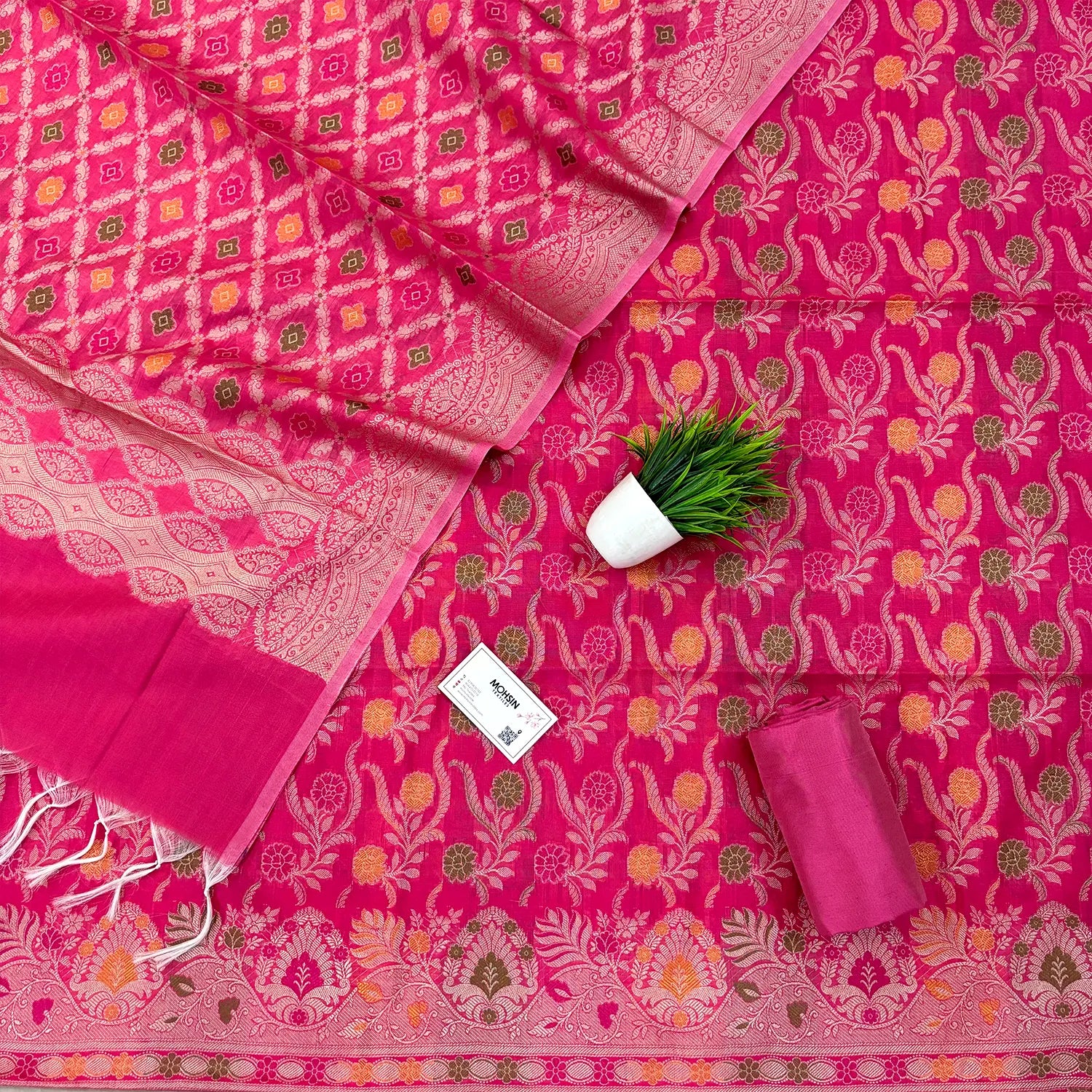 Rani Pink Yoga Jaal Cotton Silk Banarasi Suit