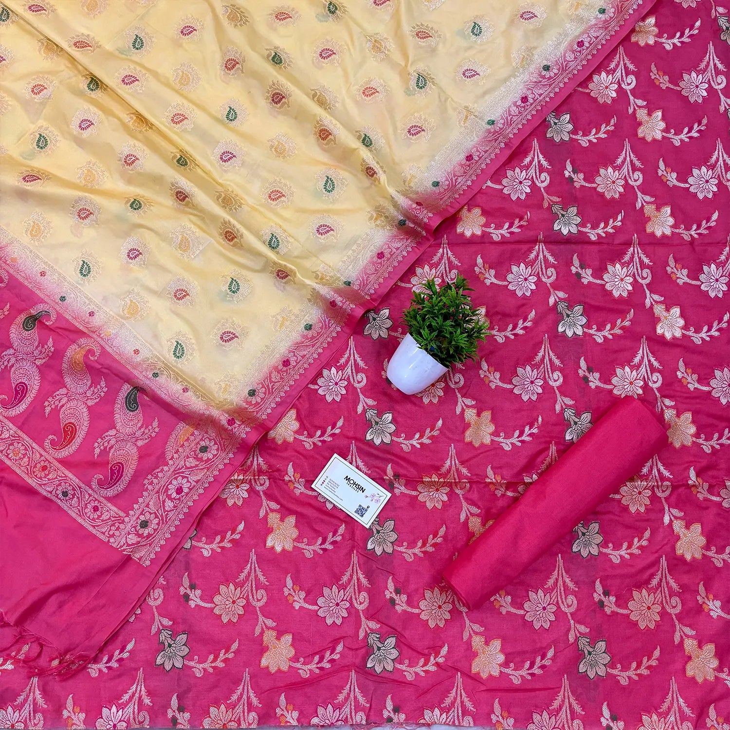 Pink and Cream Golden Zari Katan Silk Banarasi Saree