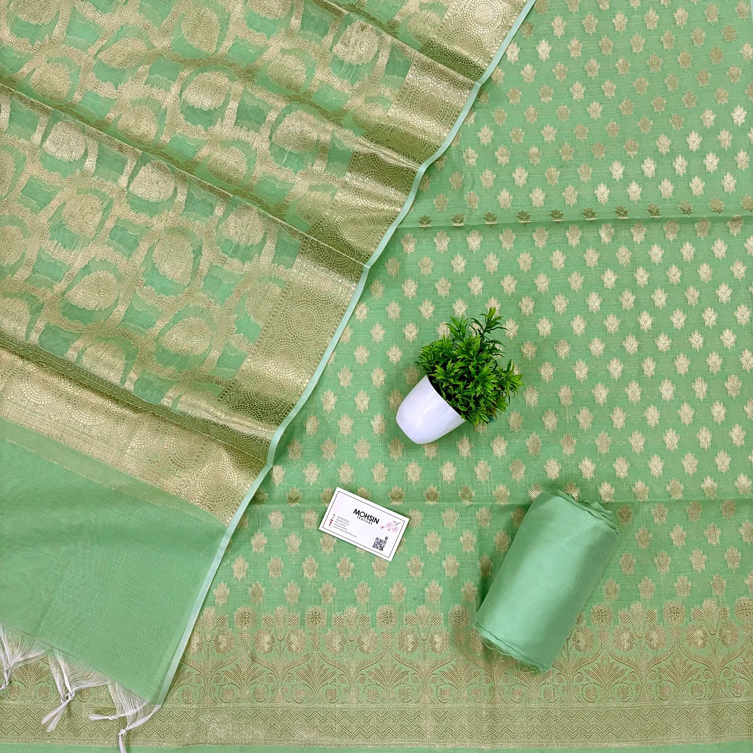 Pista Golden Zari Resham Silk Banarasi Suit