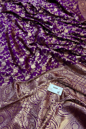 Purple Golden Zari Satin Silk Banarasi Saree