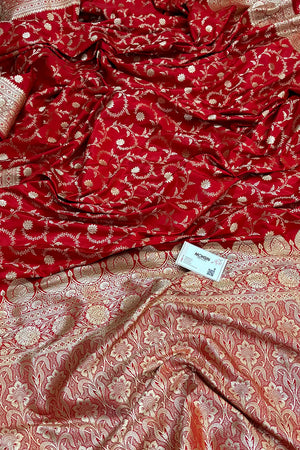 Red Eragon Jaal Katan Silk Banarasi Saree