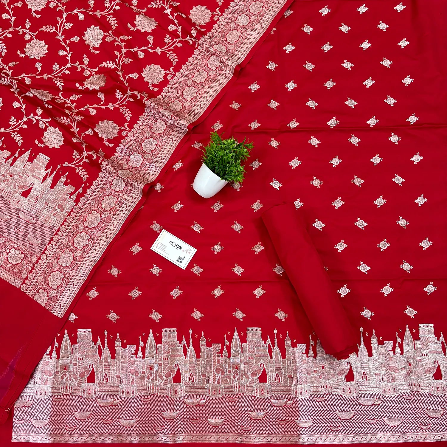 Red Ganga Ghat Katan Silk Banarasi Suit