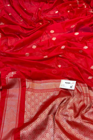 Red Golden Zari Raw Mango Silk Banarasi Saree