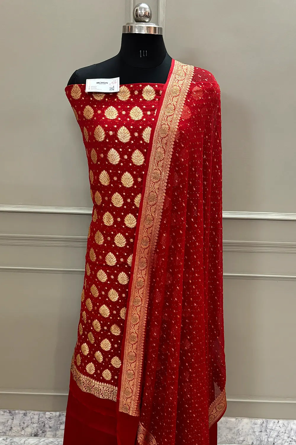 Red Golden Zari Siroski Stone Pure Georgette Silk Banarasi Suit