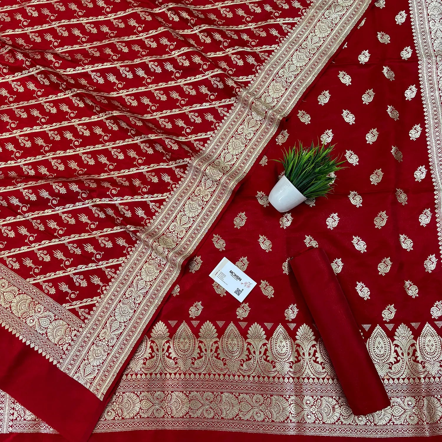 Red Madiyan Buti Satin Silk Banarasi Suit