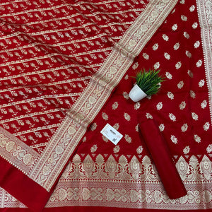 Red Madiyan Buti Satin Silk Banarasi Suit