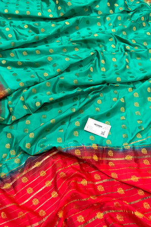 Sea Green and Red Golden Zari Silky Banarasi Saree
