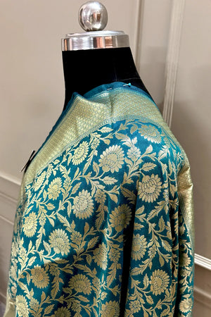 Teal Golden Zari Katan Silk Banarasi Dupatta