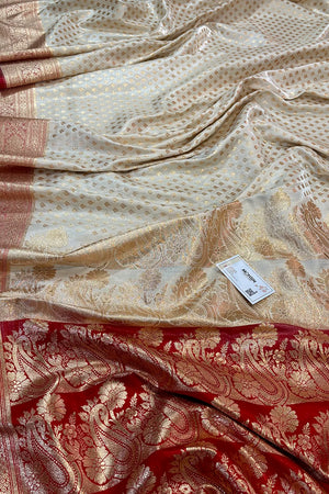 White and Red Golden Zari Katan Silk Banarasi Saree