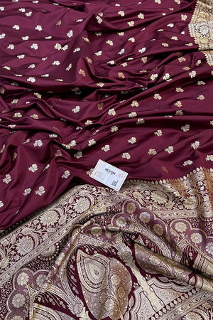 Wine Chaman Buti Katan Silk Banarasi Saree