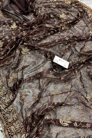 Wine Embordiery Siroski Work Silk Saree