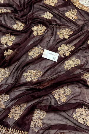 Wine Embordiery Siroski Work Silk Saree