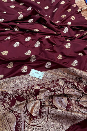 Wine Golden Flower Katan Silk Banarasi Saree