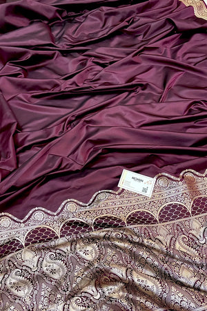 Wine Plain Zari Border Katan Silk Banarasi Saree