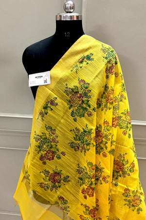 Yellow Printed Dupion Silk Banarasi Dupatta
