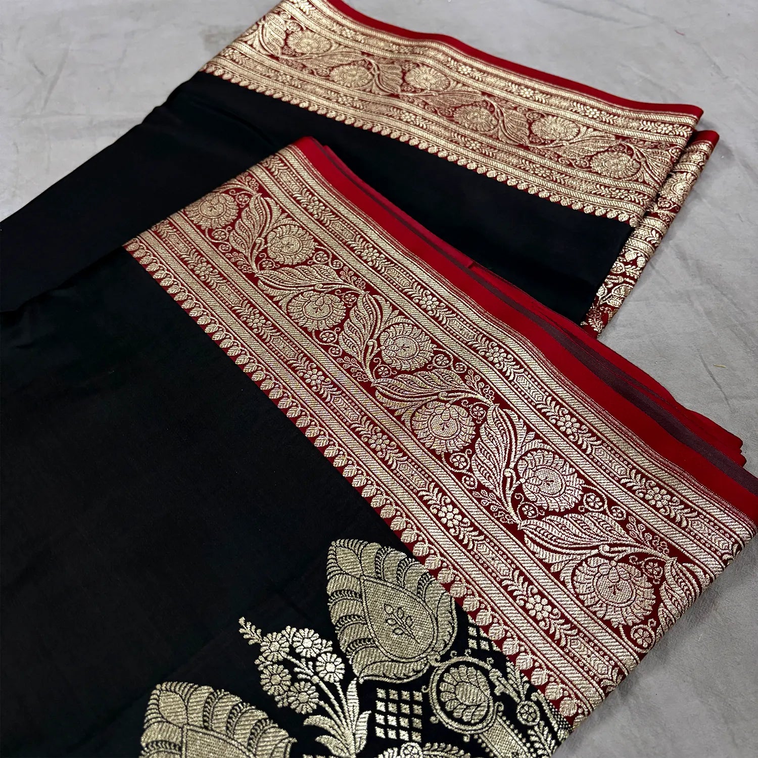 Black and Red Royal Plain Katan Satin Silk Banarasi Saree