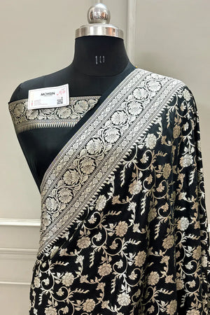 Black Gulabi Jaal Katan Silk Banarasi Saree