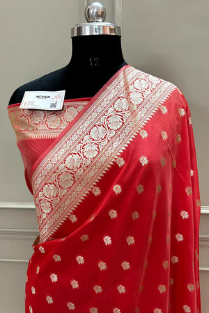 Dark Peach Ghonga Buti Katan Silk Banarasi Saree