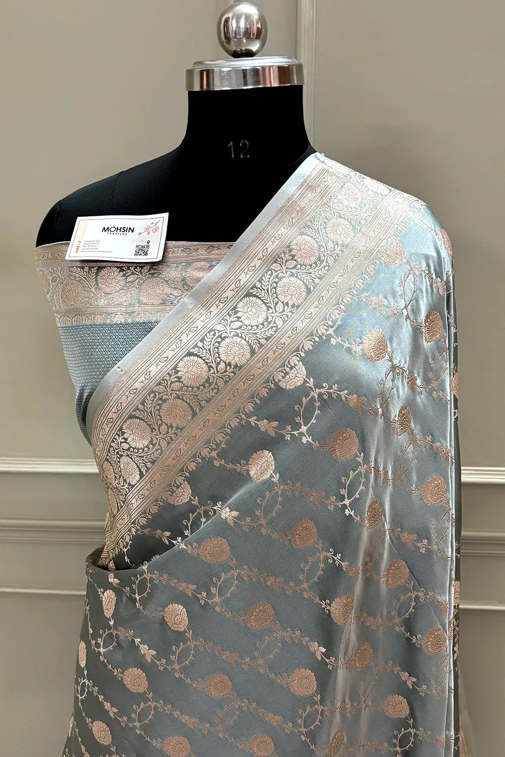 Grey Ropeway Jaal Katan Silk Banarasi Saree