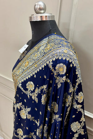 Navy Blue Tirchi Daal Stone Work Katan Silk Banarasi Saree