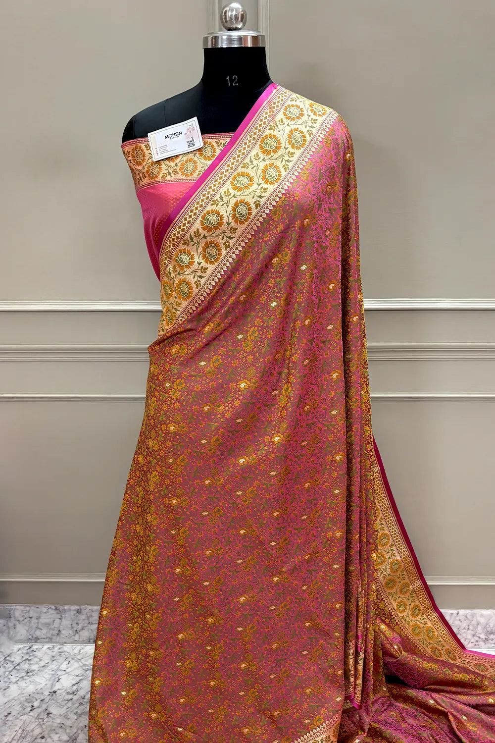 Pink and Mustard Jungli Jaal Katan Silk Banarasi Saree