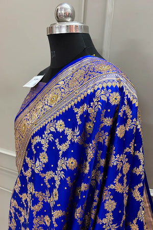 Royal Blue Moglai Jaal Stone Work Katan Silk Banarasi Saree