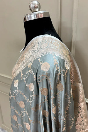 Grey Ropeway Jaal Katan Silk Banarasi Saree