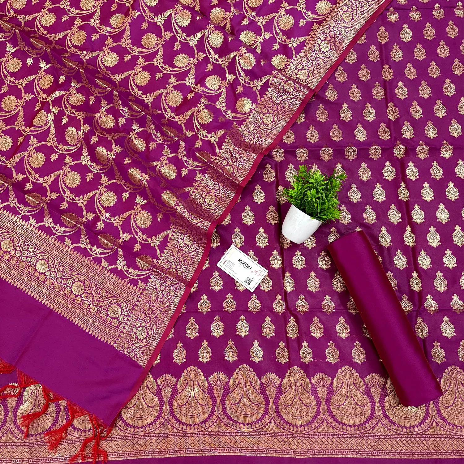 Magenta Gumbad Crown Satin Silk Banarasi Suit