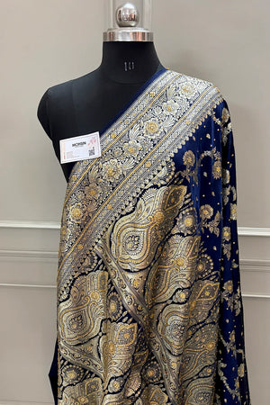 Navy Blue Tirchi Daal Stone Work Katan Silk Banarasi Saree