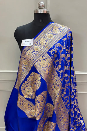 Royal Blue Moglai Jaal Stone Work Katan Silk Banarasi Saree