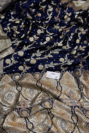 Navy Blue Tirchi Daal Stone Work Katan Silk Banarasi Saree
