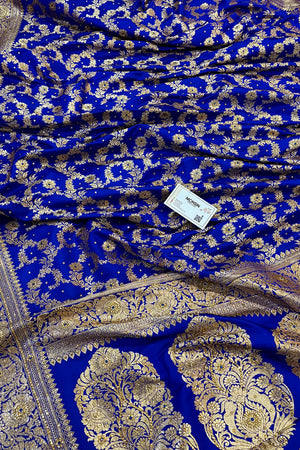 Royal Blue Moglai Jaal Stone Work Katan Silk Banarasi Saree