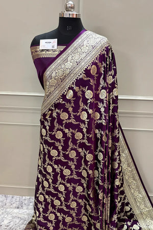 Purple Shahanshahi Jaal Katan Silk Banarasi Saree